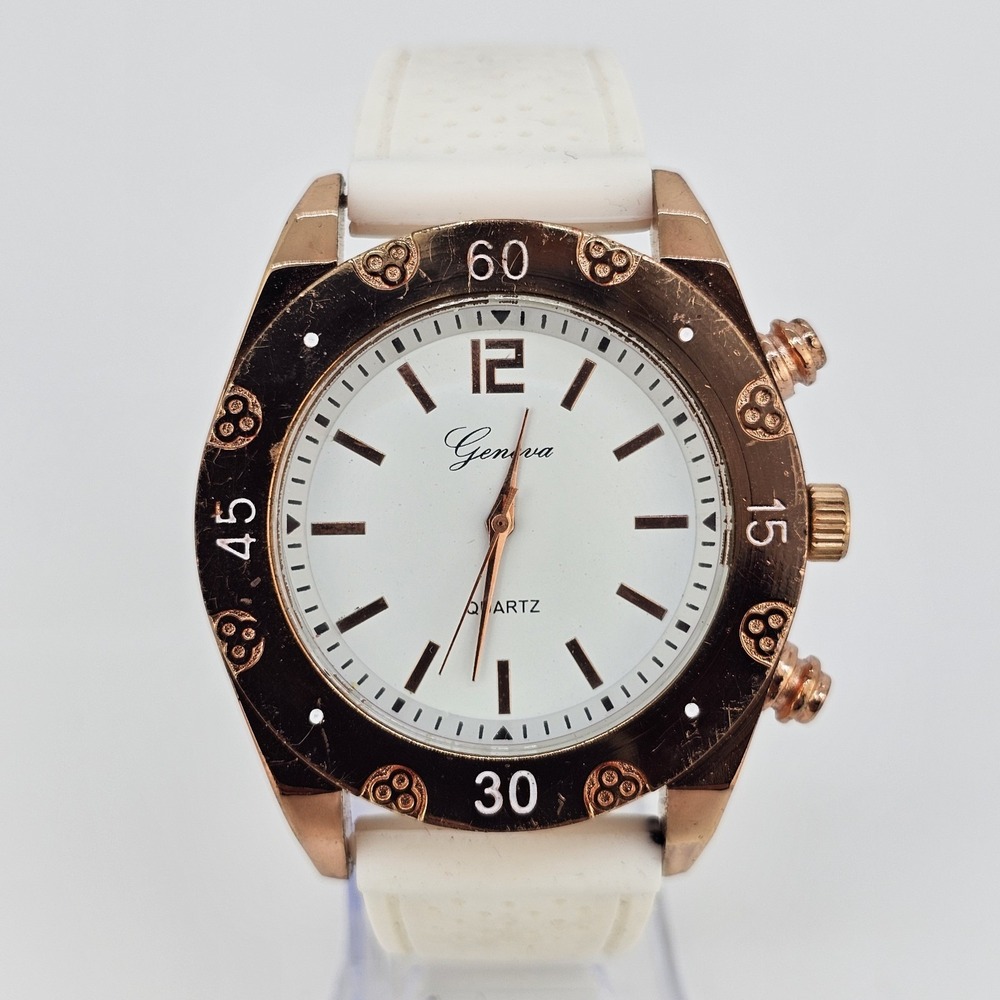 Men's Analog‎ Watch 46MM White Dial Gold Case White Plastic Bands New Battery